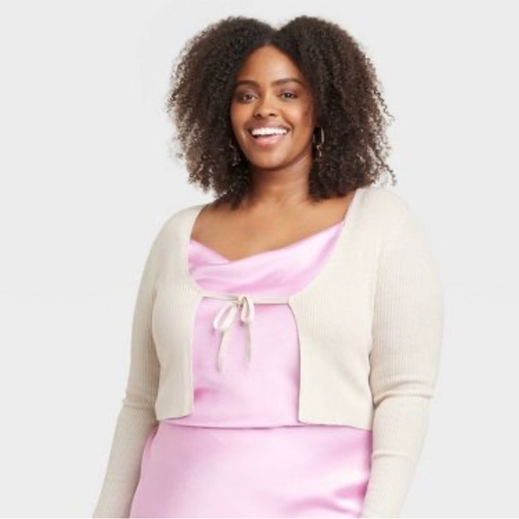 Ava & Viv Cropped Cream Ribbed Long Sleeve Cardigan Sweater NWT Target - Picture 2 of 8